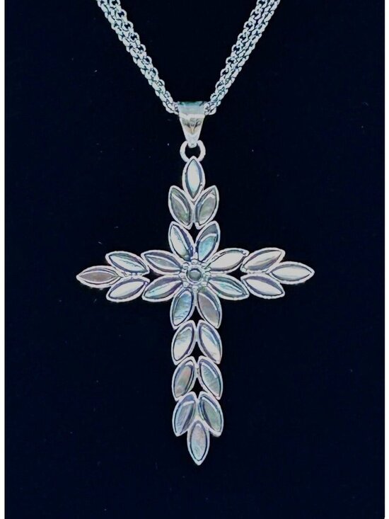 SVD Jewelry - Stainless Steel Cross Necklace Chain Mother of Pearl Floral Pendant Leaf Marquis